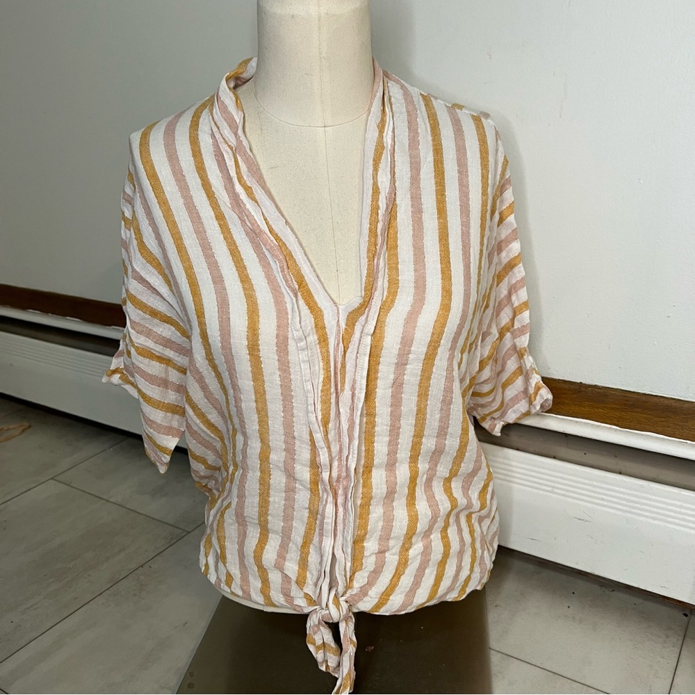 Rails Cream and Tan Striped Tie-Front linen‎ Blouse v-neck size S - Picture 4 of 11
